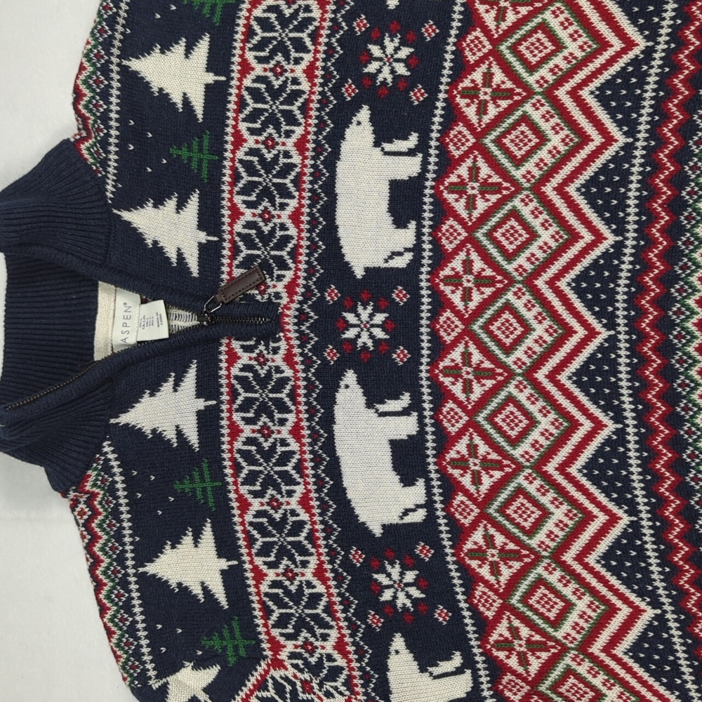Aspen Fair Isle Polar Bear Christmas Holiday 1/4 Zip Knit Sweater Womens Large